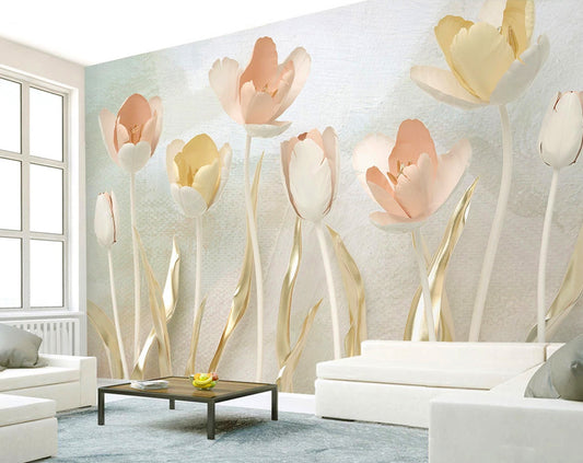 Living Room - 3D Golden Colourful Tulip Flowers for Living Room Walls