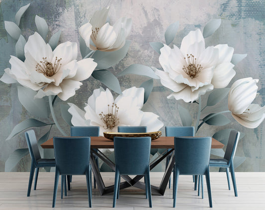 Dining Room - 3D White Big Flower Wallpaper for Living Room and Bedroom Walls