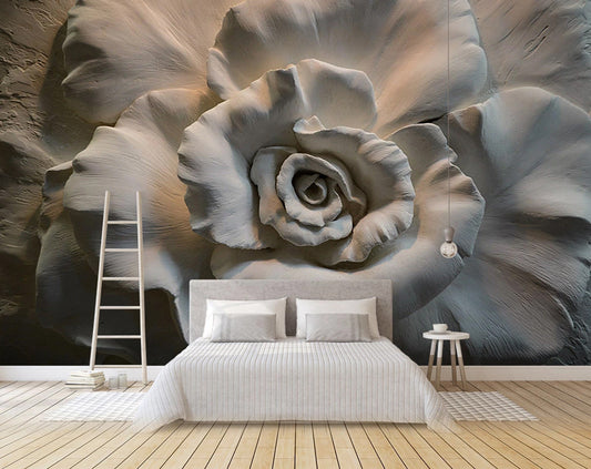 3D Grey Giant Big Rose Wallpaper Wall Mural, Grey One Large Rose Wallpaper