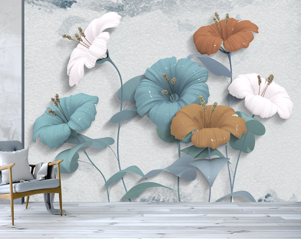 Custom 3D Wallpaper Blue, White and Light Orange Flower Wallpaper for Walls