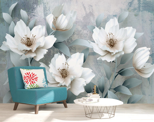 3D White Big Flower Wallpaper for Living Room and Bedroom Walls