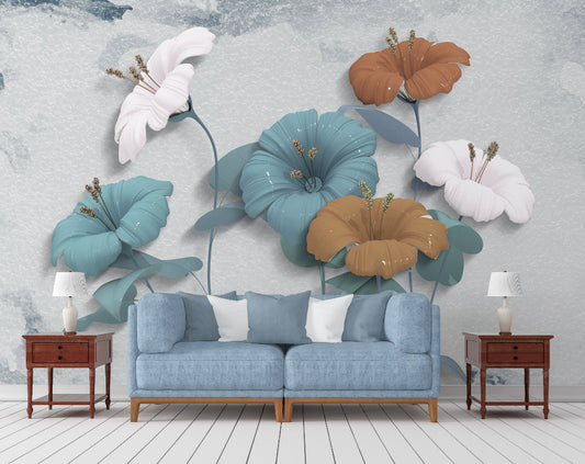 Custom 3D Wallpaper Blue, White and Light Orange Flower Wallpaper for Walls