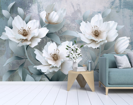 3D White Big Flower Wallpaper for Living Room and Bedroom Walls
