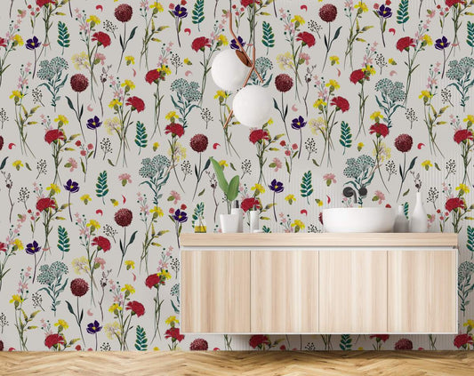 Blooming Colourfull Flowers Hand Drawing Wallpaper Rolls