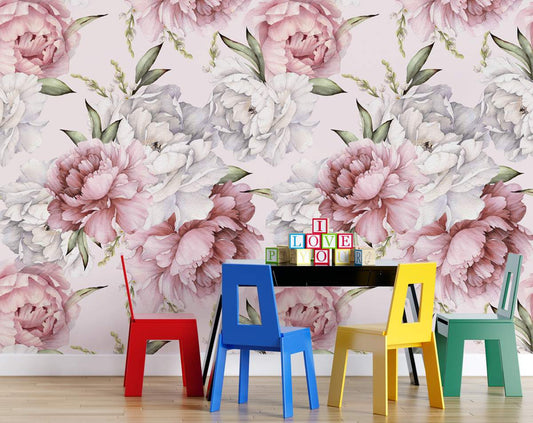 Watercolour Pink Flowers and Leaves for Living room, Bedroom Wallpaper Rolls