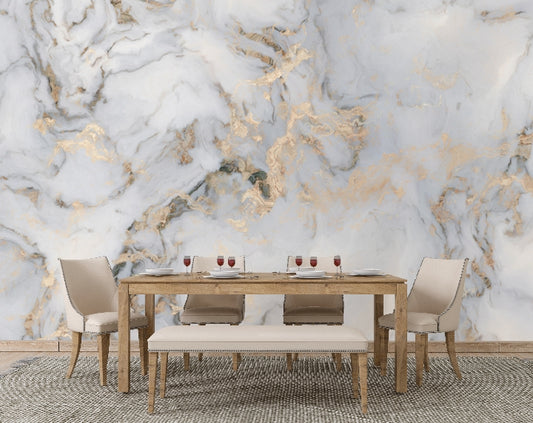 Dining Room - White Grey Gold Marble Wallpaper, Abstract marble wallpaper