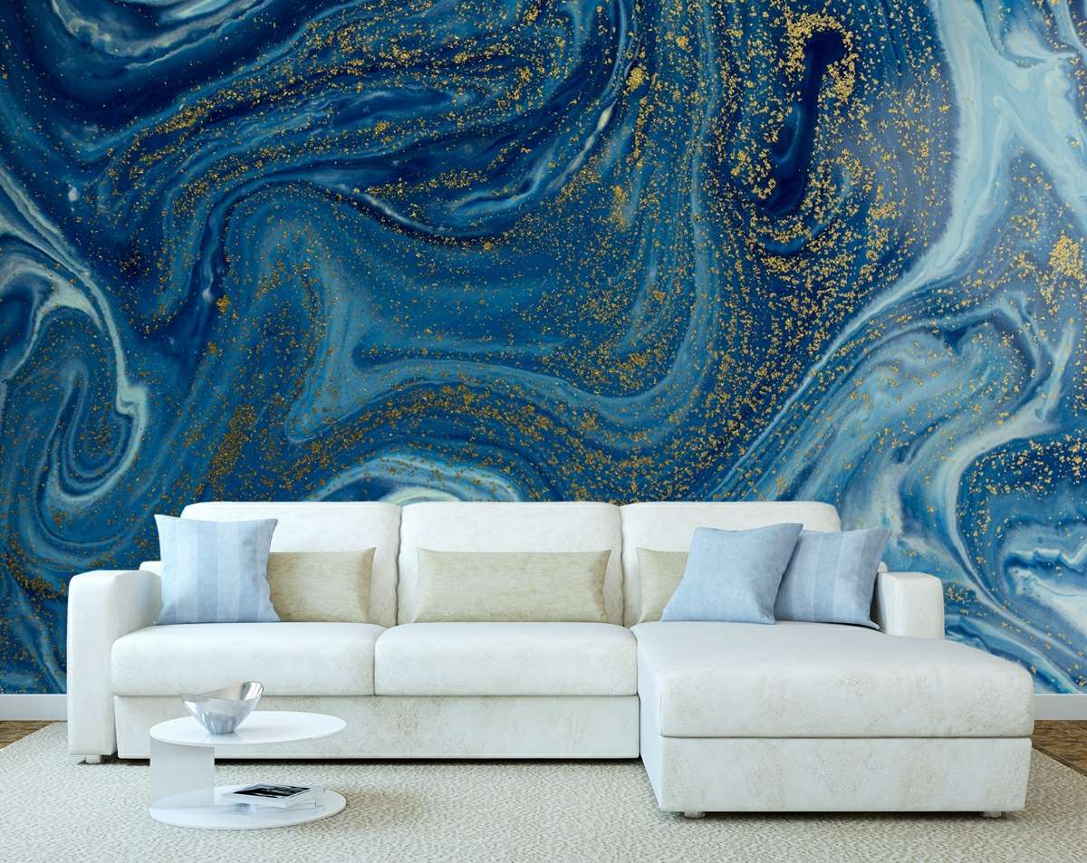 Marble Abstract Design Shades Of Blue Golden Look Wallpaper Roll