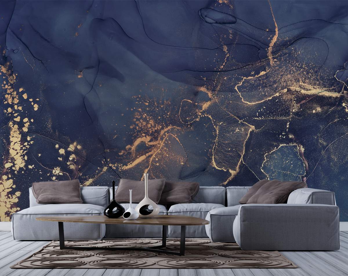Navy Blue and Gold Marble Mural Abstract Wallpaper Roll