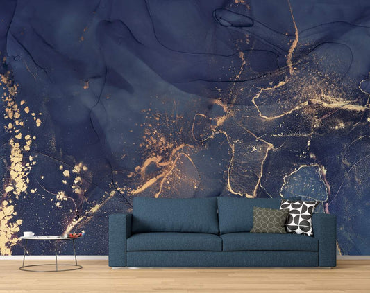 Navy Blue and Gold Marble Mural Abstract Wallpaper Roll