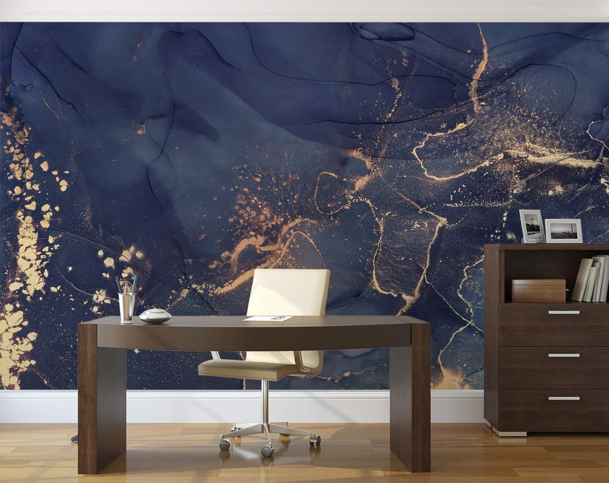 Navy Blue and Gold Marble Mural Abstract Wallpaper Roll