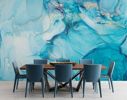 Dining Room - Blue and Grey Gold Marble Texture Abstract Wallpaper Roll