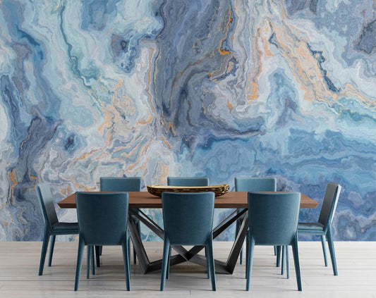 Blue Marble Pattern with Curly Grey and Golden Look Veins Abstract Wallpaper