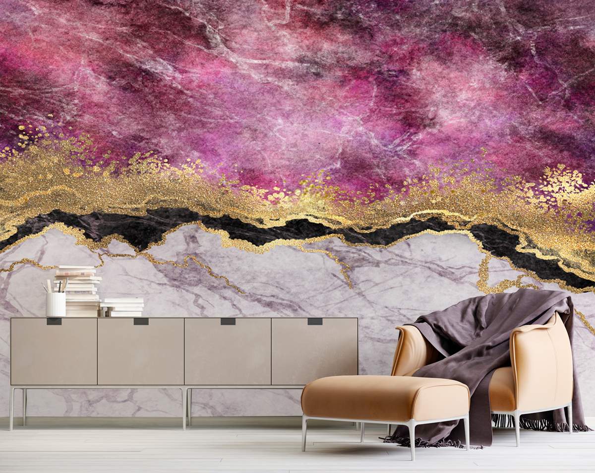 Pink Black And Golden Abstract Marble Style Wallpaper
