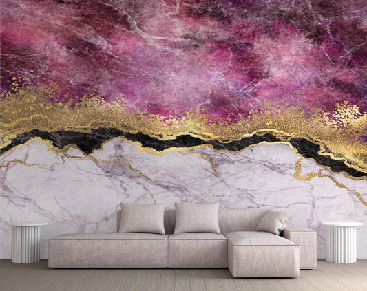 Bedroom - Pink Black And Golden Abstract Marble Style Wallpaper