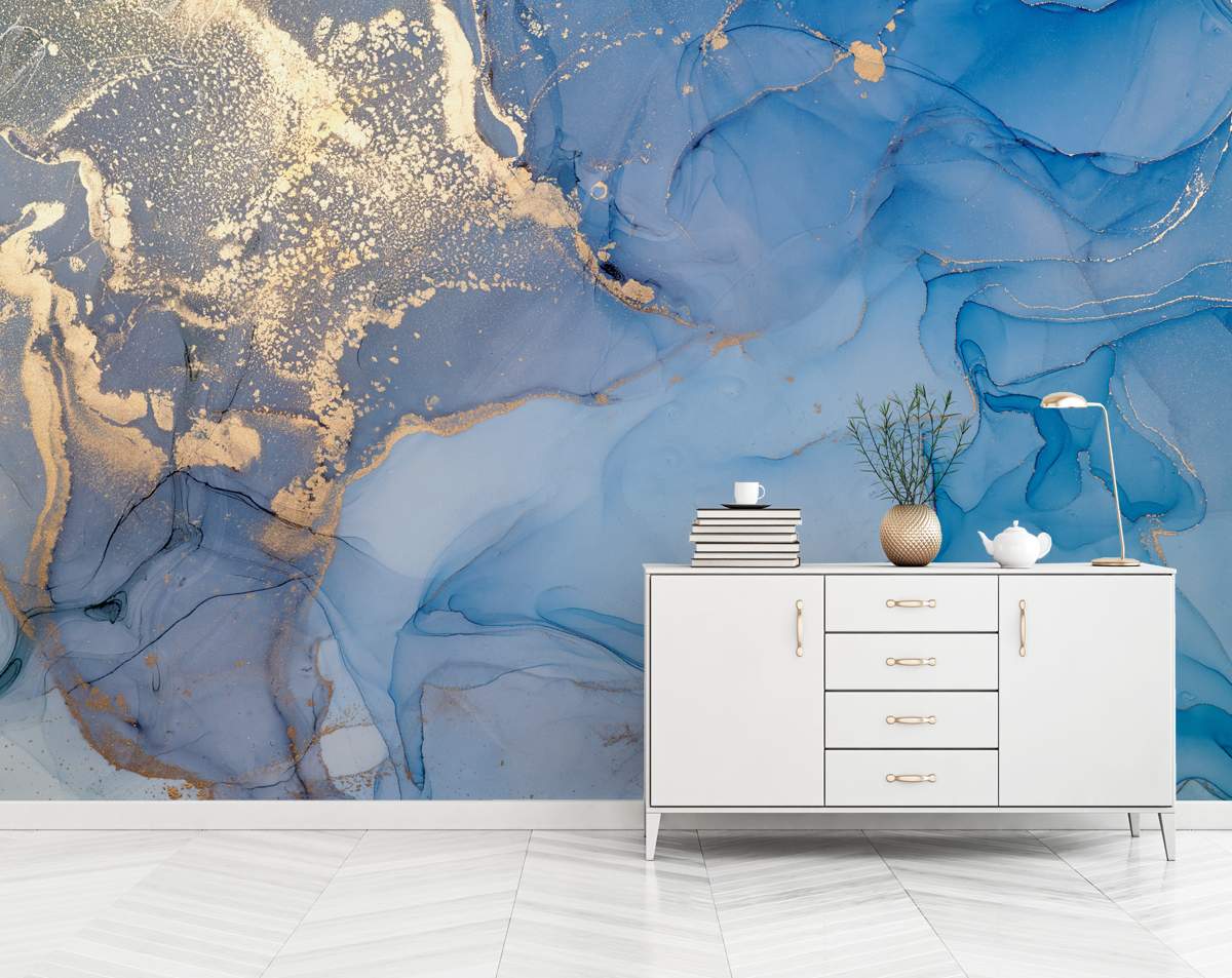 Sky Blue And Golden Abstract Colourful Marble Style Wallpaper