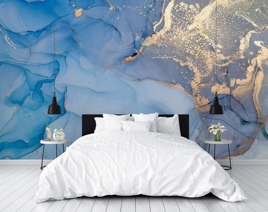 Bedroom - Sky Blue And Golden Abstract Colorful Marble Style Wallpaper