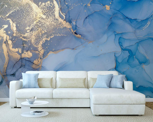 Sky Blue And Golden Abstract Colorful Marble Style Wallpaper