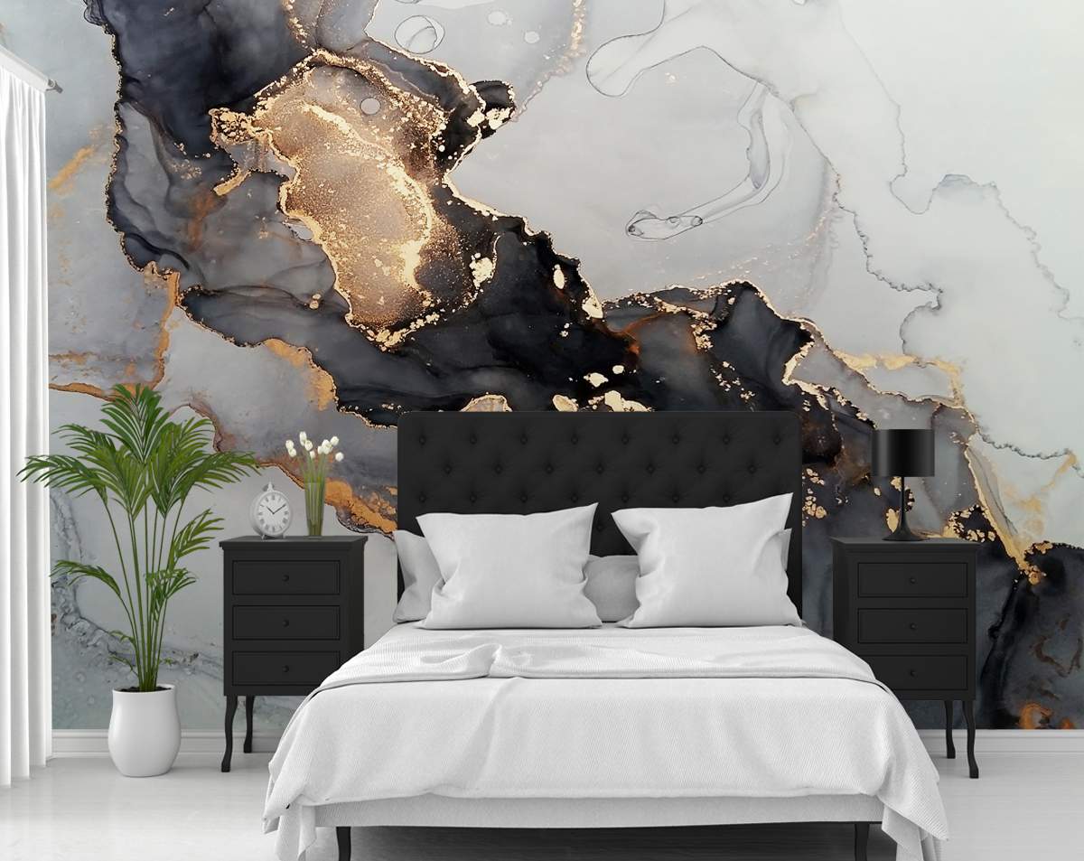 Black and White with Gold Texture Marble Murals Wallpaper