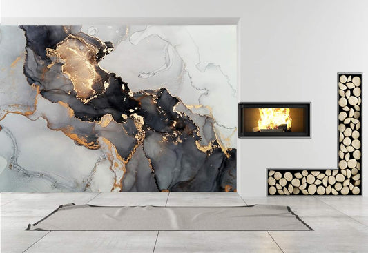 Black and White with Gold Texture Marble Murals Wallpaper