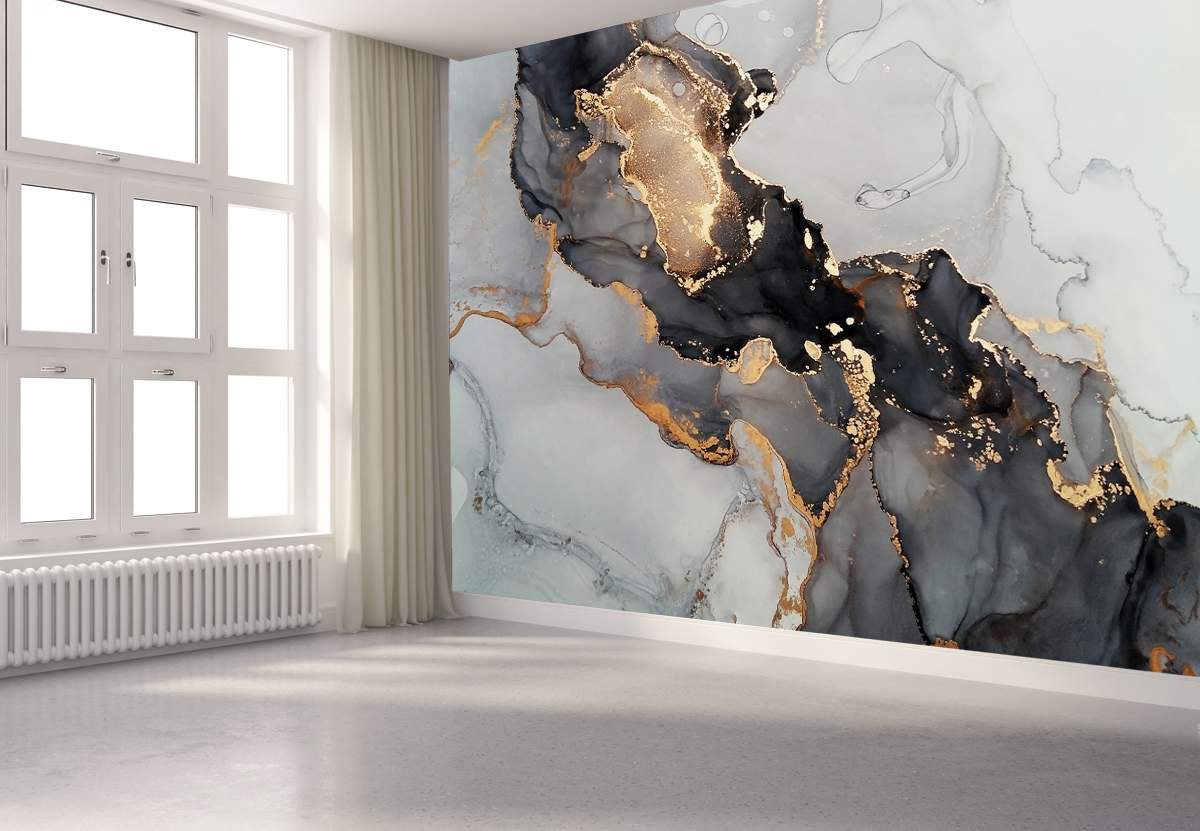 Black and White with Gold Texture Marble Murals Wallpaper