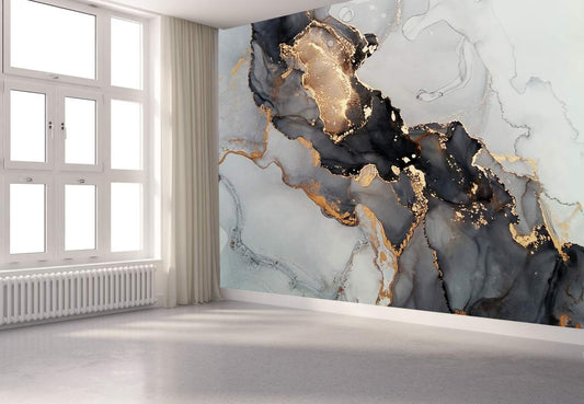 Hallway - Black and White with Gold Texture Marble Murals Wallpaper
