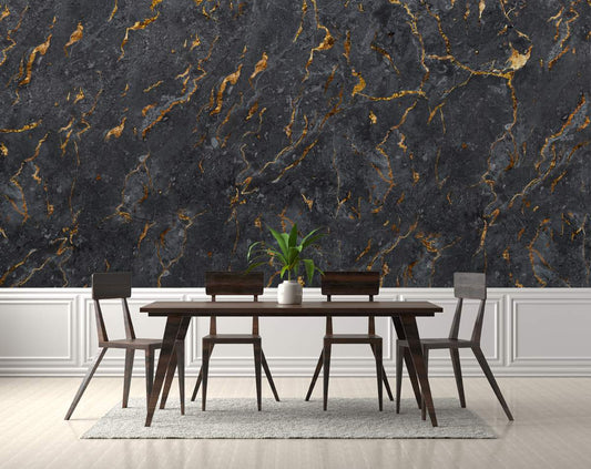 Dining Room - Black Marble Pattern With Golden Texture Abstract Wallpaper