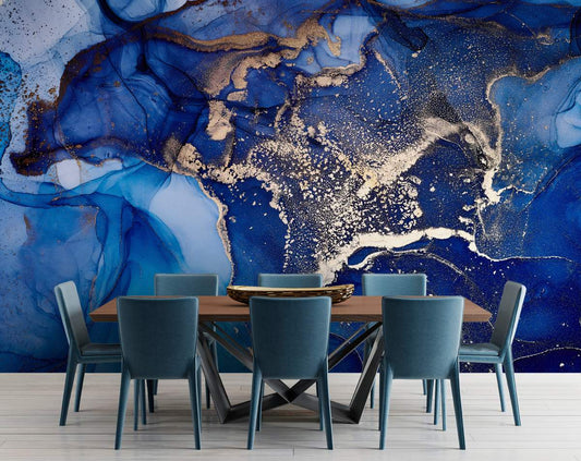 Golden Blue Marble Pattern Wallpaper