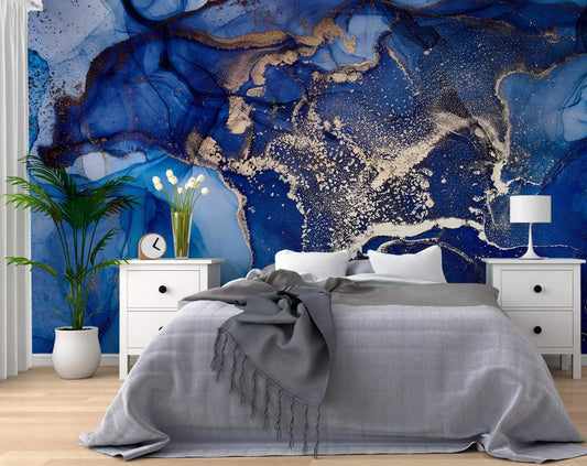Bedroom - Golden Blue Marble Pattern Wallpaper
