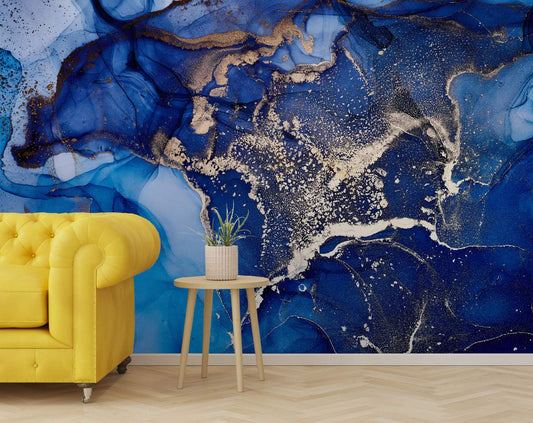 Golden Blue Marble Pattern Wallpaper