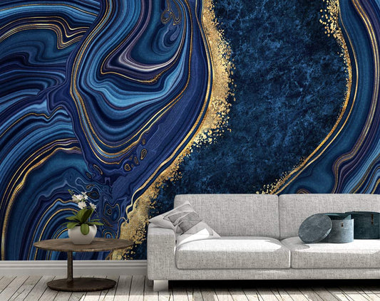 Marble Abstract Design Shades Of Blue Golden Look Yellow Wallpaper