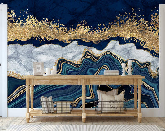 Marble Abstract Design Golden Look Yellow Blue Dark Blue Wallpaper
