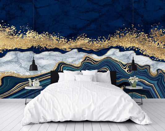 Bedroom - Marble Abstract Design Golden Look Yellow Blue Dark Blue Wallpaper