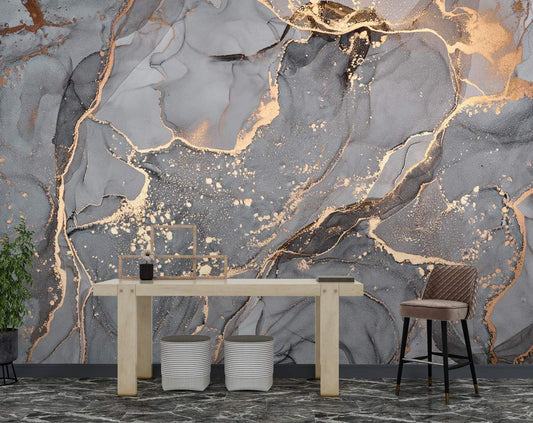 Abstract Gray Golden Marble Living room Wallpaper
