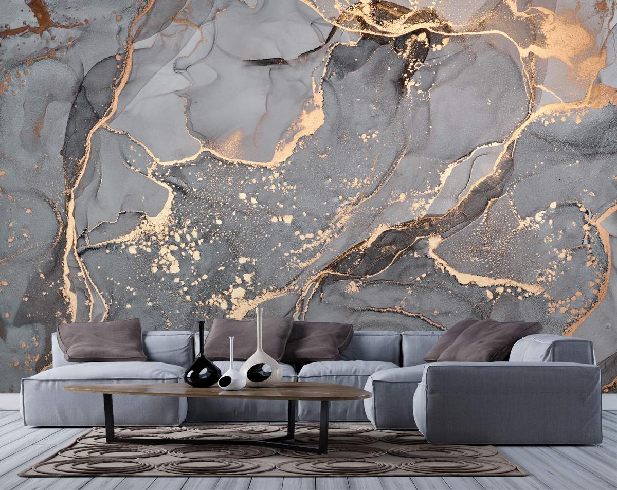 Abstract Gray Golden Marble Living room Wallpaper