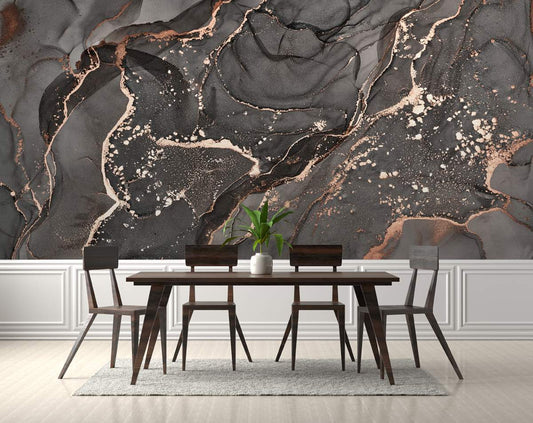 Dining Room - Grey Marble Red Rose Swirl Abstract Pattern Mural Wallpaper