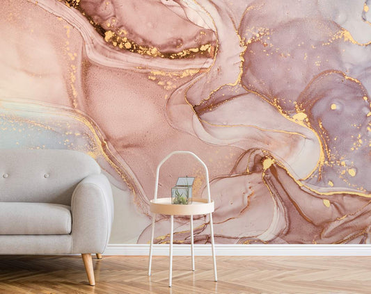 Living Room - Pink and Gold Marble Texture Wallpaper