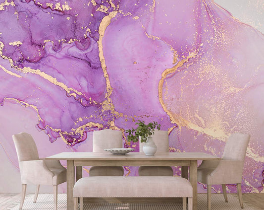 Dining Room - Abstract Gold Pink Purple Marble Wallpaper