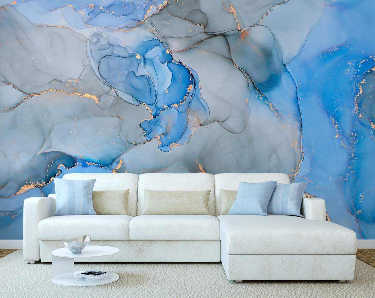 Blue and Grey Gold Marble Abstract Wallpaper – Home Decoram