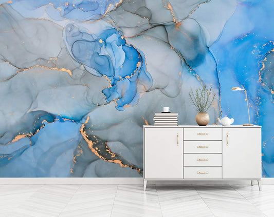 Blue and Grey Gold Marble Abstract Wallpaper