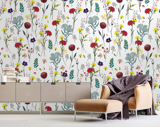 Blooming Colourfull Flowers Hand Drawing Wallpaper Rolls