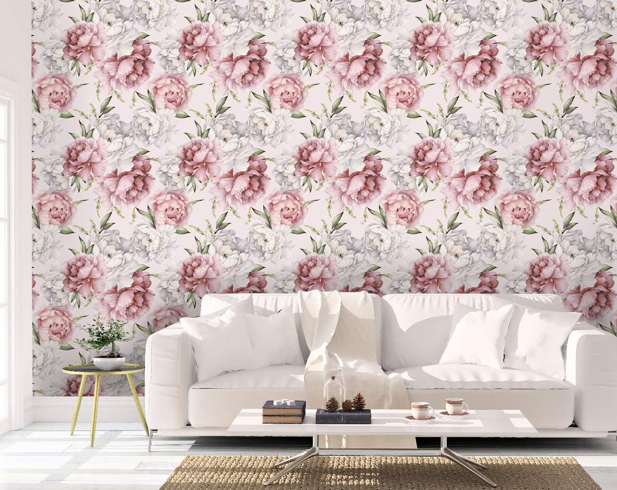 Watercolour Pink Flowers and Leaves for Living room, Bedroom Wallpaper Rolls