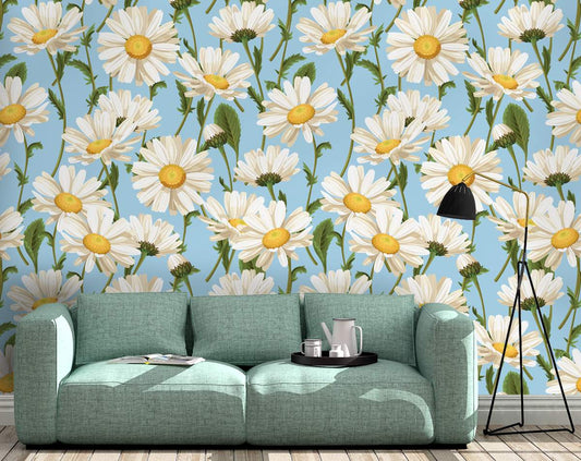 Blue Background White Flower Wallpaper Rolls